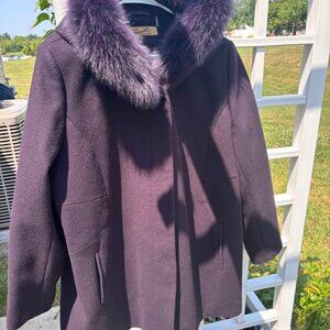 SACHI Lambswool and Genuine Fox Fur coat  2XL  deep purple eggplant short hood